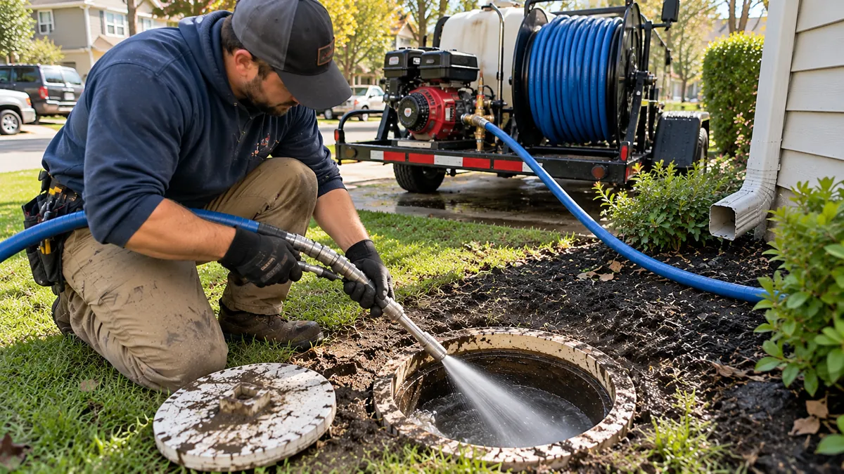Hydro jetting nozzle cleaning a sewer pipe in Covina CA