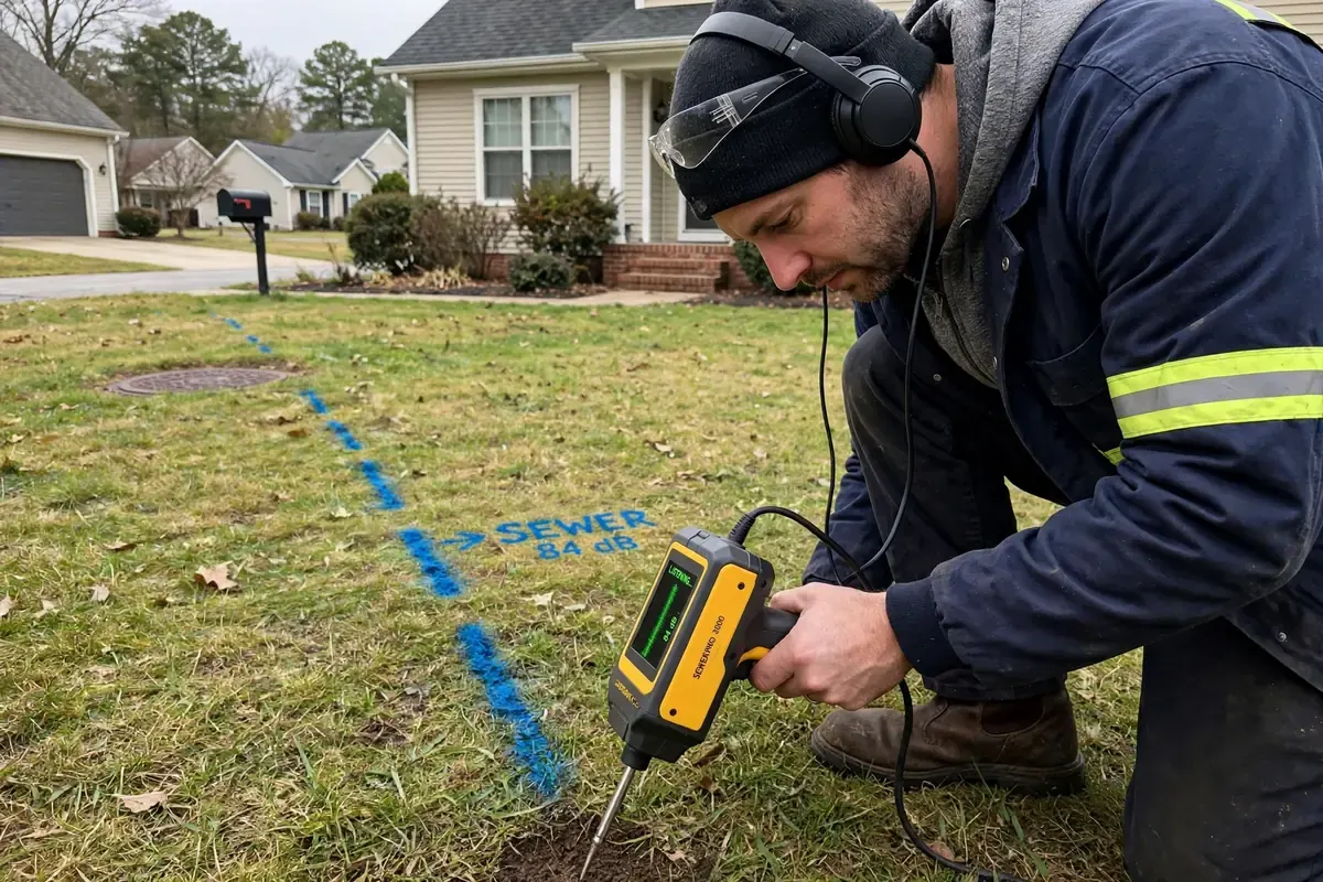 Technician detecting an underground sewer line leak in Covina CA