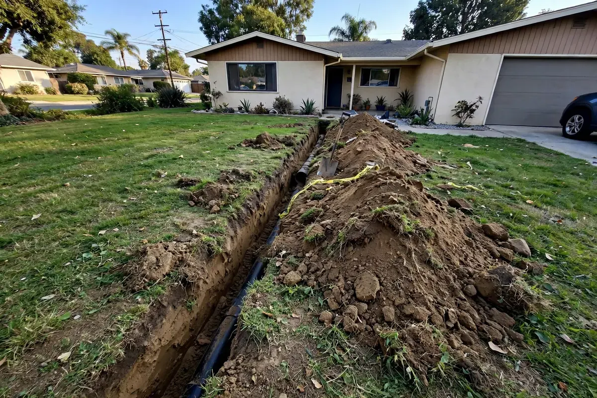 New main sewer line being installed at a Covina CA home