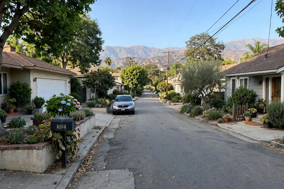 Historic Glendora foothill town street with large established trees