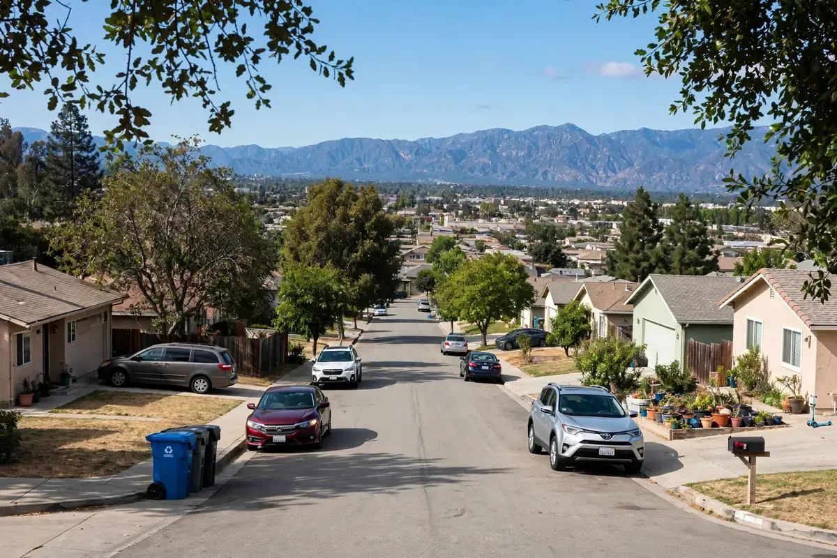 Suburban neighborhoods of the San Gabriel Valley CA with foothills in the distance